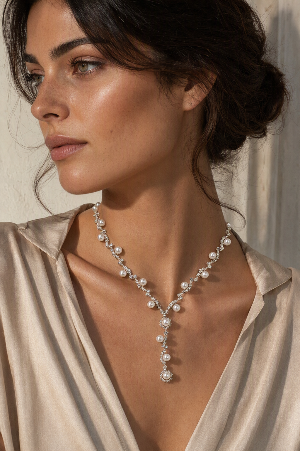 Model wearing Mirror Luster 6–7 mm Freshwater Pearl necklace naturally at the neckline