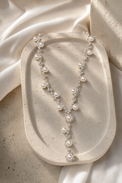 Mirror Luster 6–7 mm Freshwater Pearl necklace in an elegant still-life luxury setting