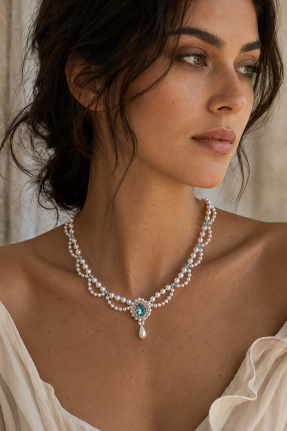 Model wearing Mirror Luster 3–4 mm / 5–6 mm / 7–10 mm Freshwater Pearl necklace naturally at the neckline