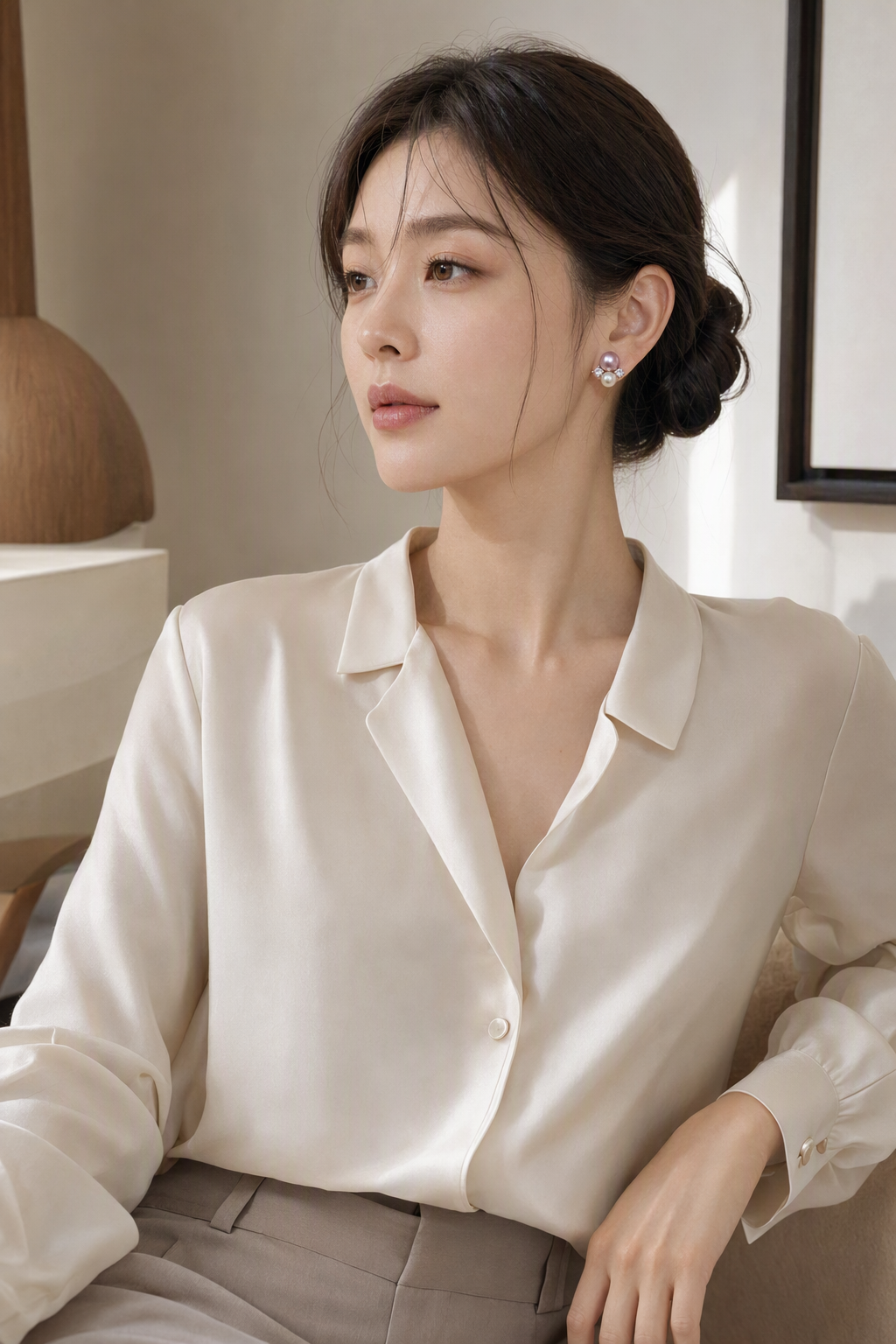 Mirror Luster 9–10 mm purple pearl with 6–7 mm white pearl Freshwater Pearl stud earrings in a complete luxury outfit styling context