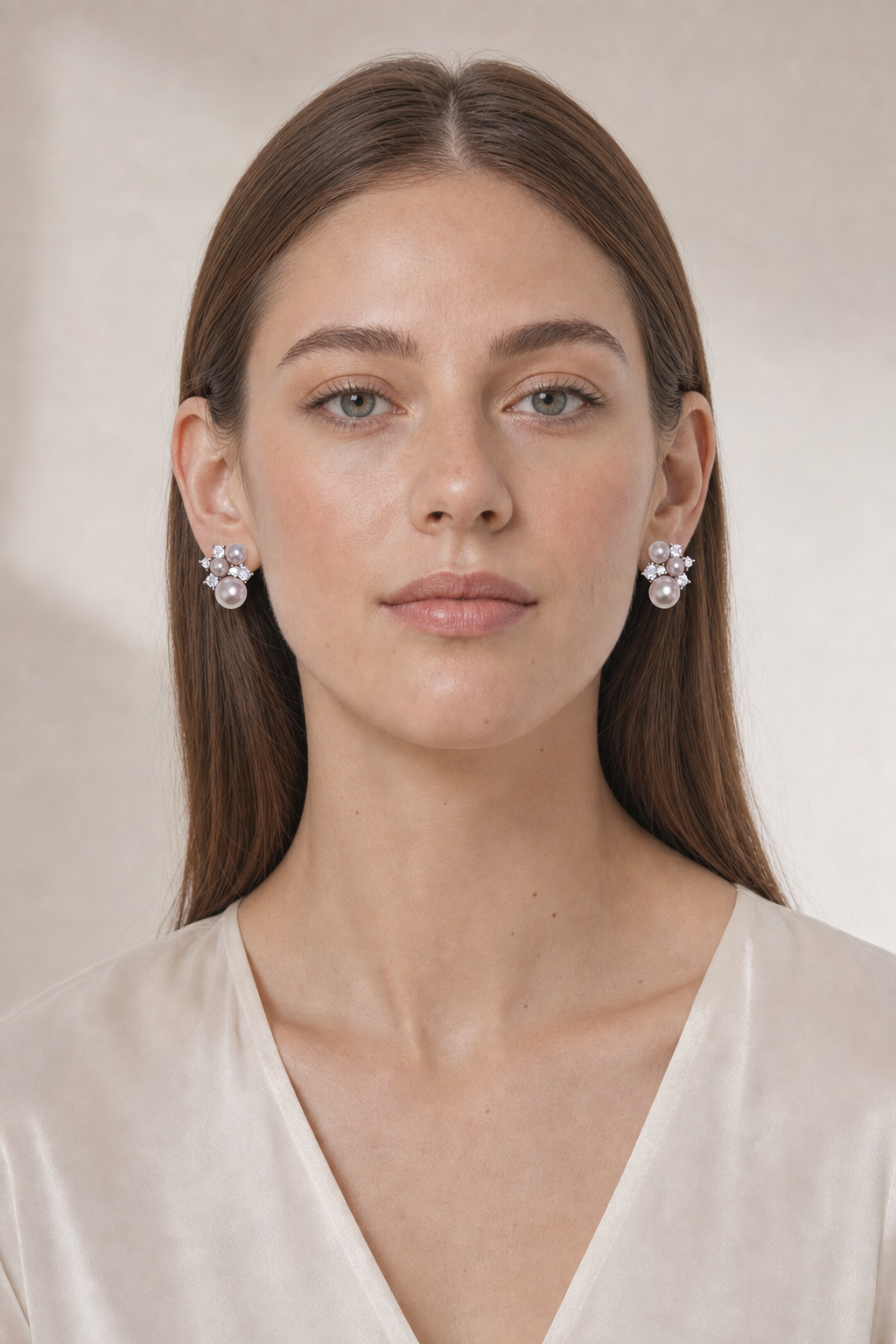Model wearing Mirror Luster 4–10 mm Graduated Freshwater Pearl stud earrings naturally at the earlobe