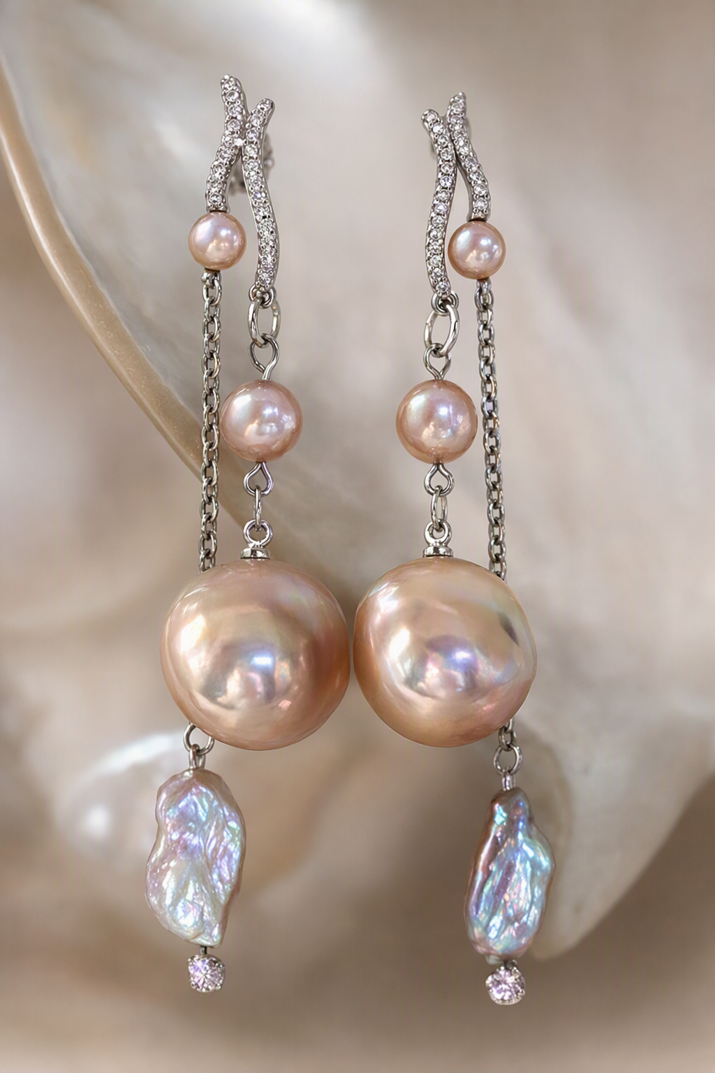 Close-up of High Luster Freshwater Pearl dangle earrings showing pearl luster, nacre and craftsmanship detail