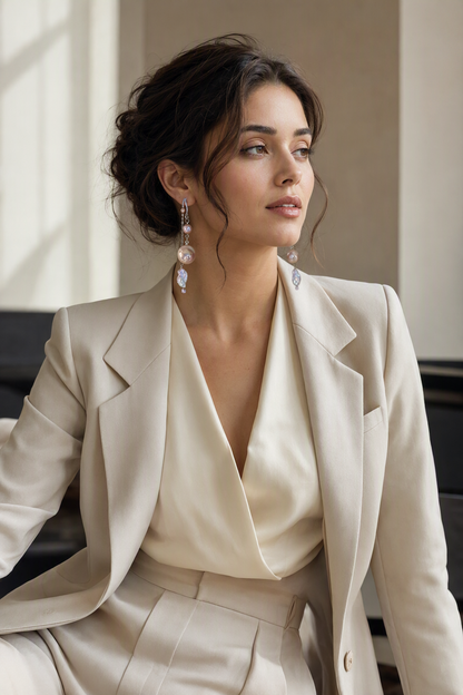 High Luster Freshwater Pearl dangle earrings in a complete luxury outfit styling context