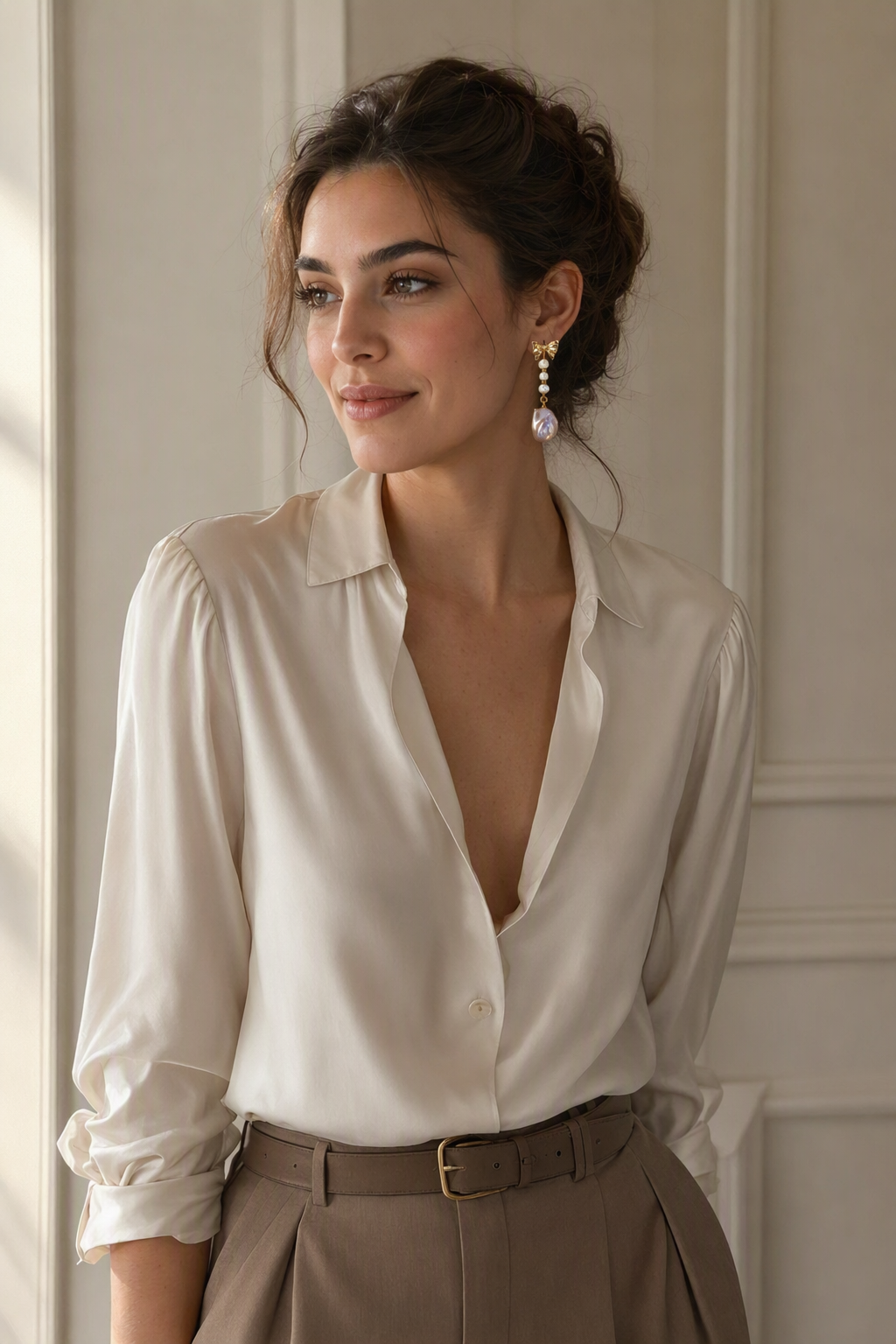 High Luster Freshwater Pearl drop earrings in a complete luxury outfit styling context