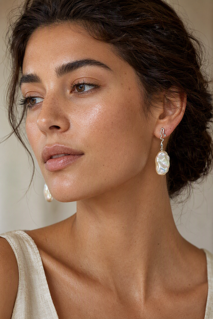 Model wearing High Luster Freshwater Pearl drop earrings naturally on the earlobe