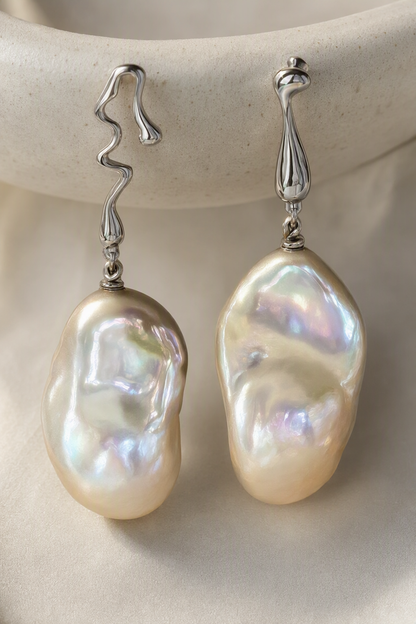 Close-up of High Luster Freshwater Pearl drop earrings showing pearl luster, nacre and craftsmanship detail