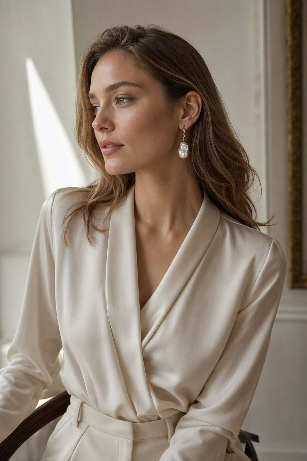 High Luster Freshwater Pearl drop earrings in a complete luxury outfit styling context