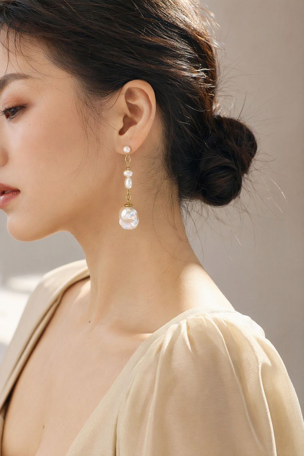 High Luster Freshwater Pearl dangle earrings at realistic wearing scale