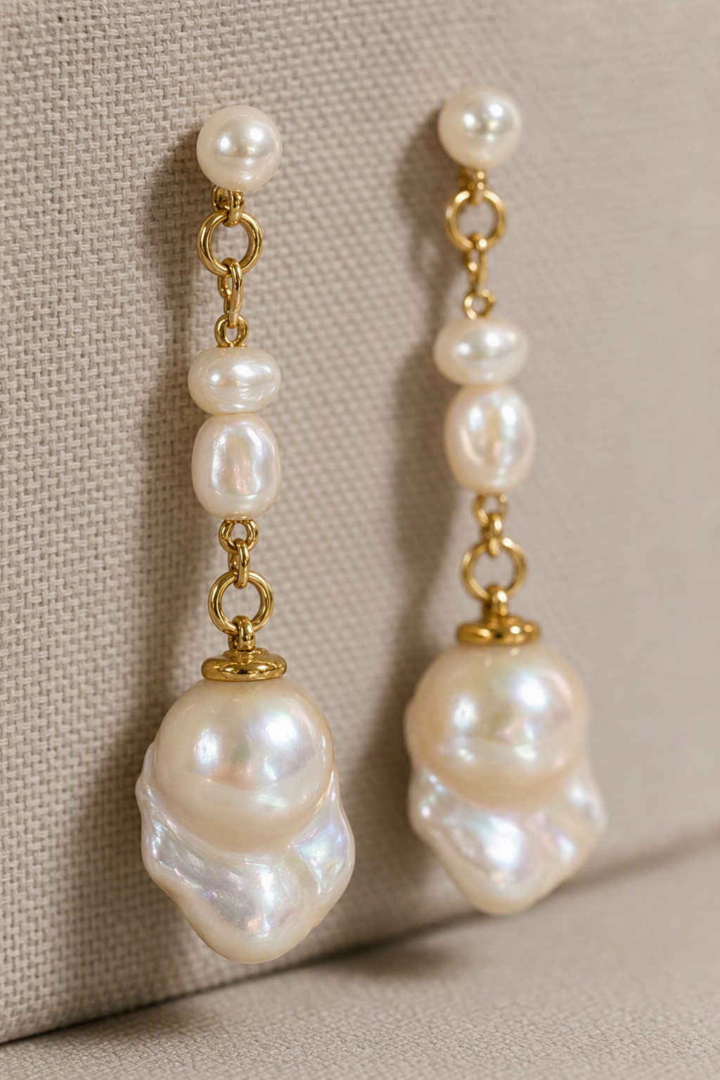 Close-up of High Luster Freshwater Pearl dangle earrings showing pearl luster, nacre and craftsmanship detail