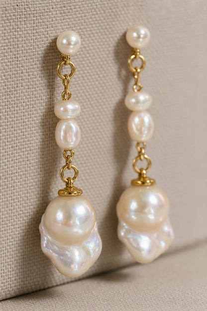 Close-up of High Luster Freshwater Pearl dangle earrings showing pearl luster, nacre and craftsmanship detail