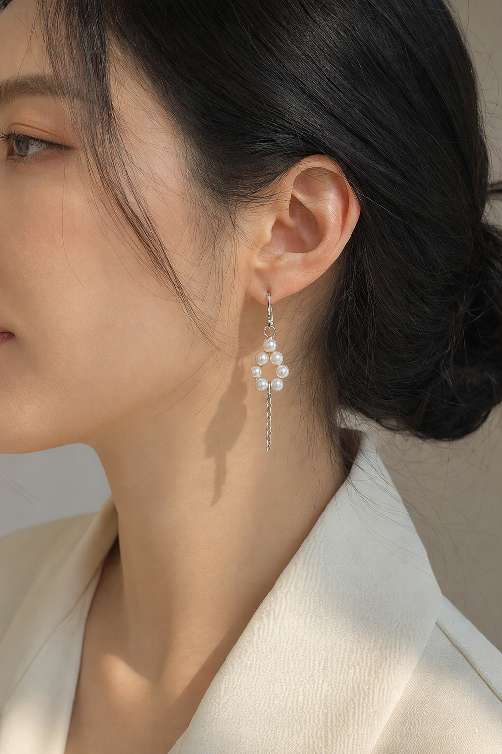 High Luster Freshwater Pearl dangle earrings at realistic wearing scale