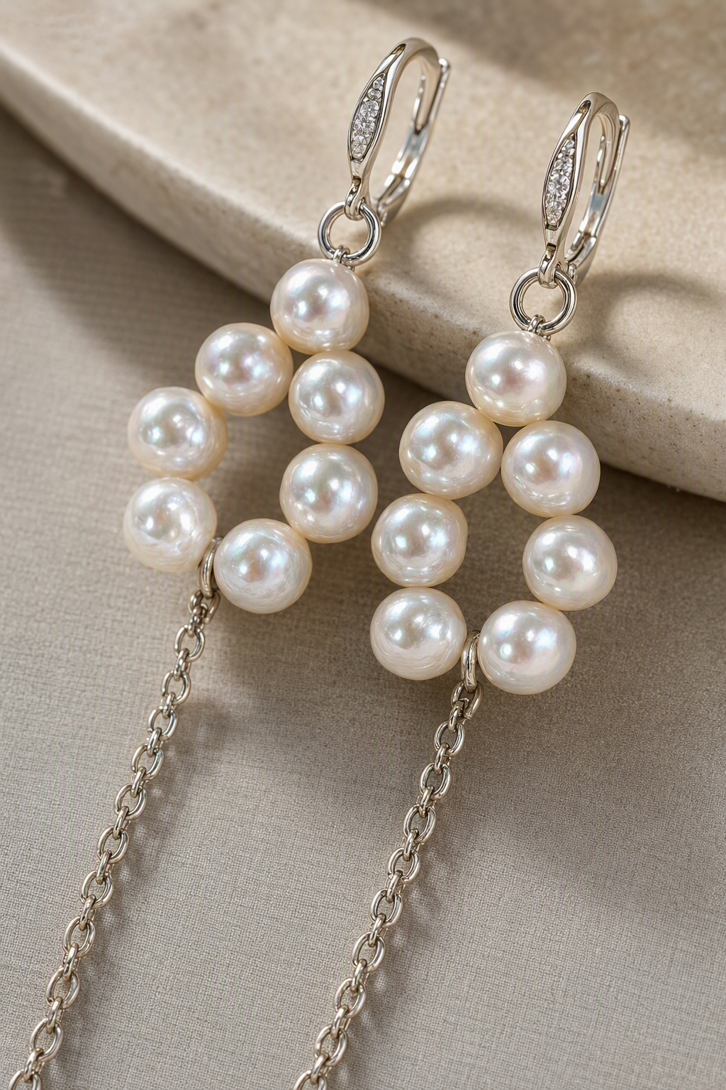 Close-up of High Luster Freshwater Pearl dangle earrings showing pearl luster, nacre and craftsmanship detail