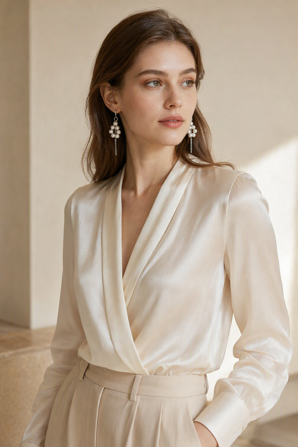 High Luster Freshwater Pearl dangle earrings in a complete luxury outfit styling context