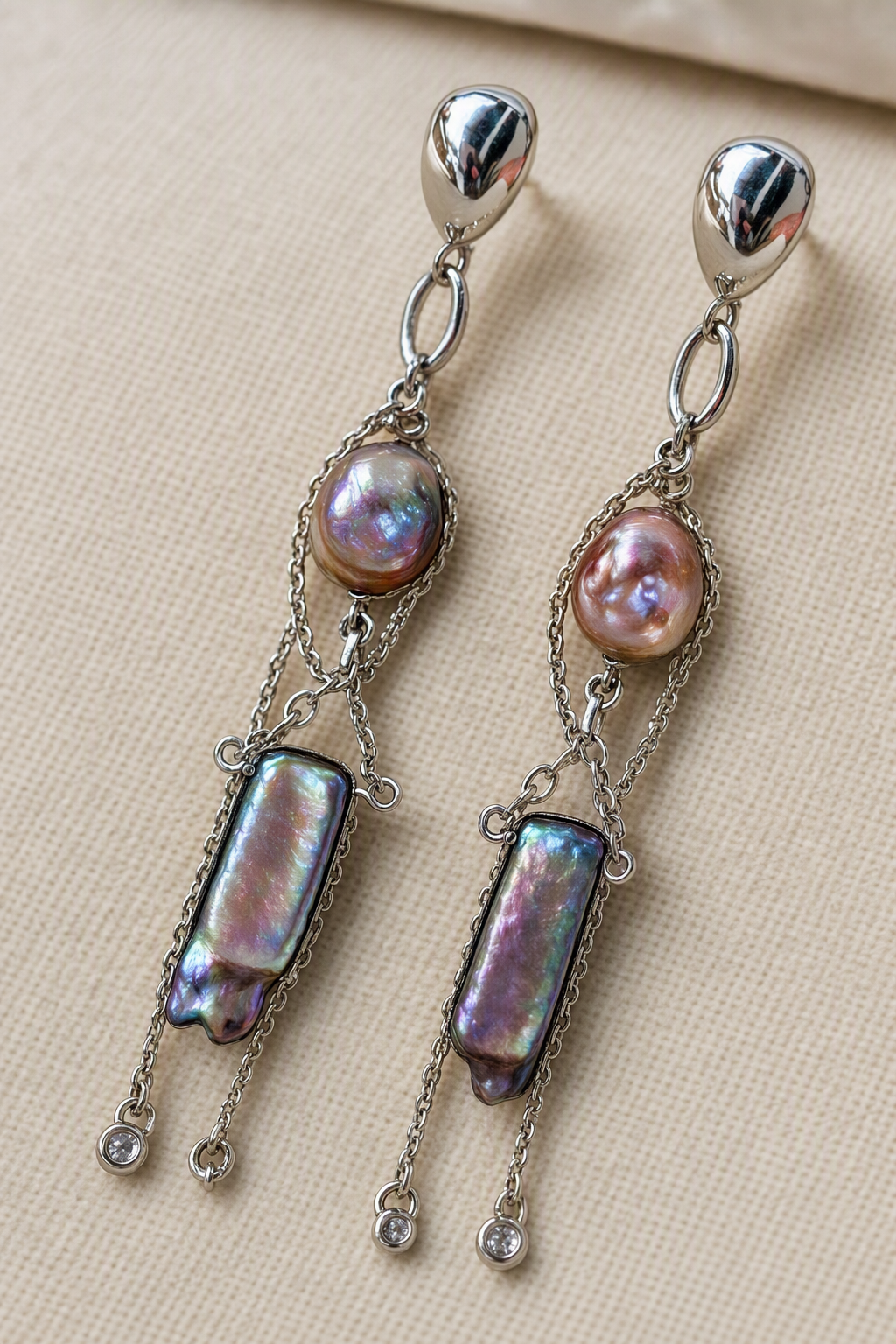 Close-up of High Luster Freshwater Pearl dangle earrings showing pearl luster, nacre and craftsmanship detail