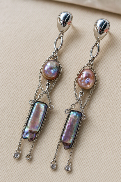 Close-up of High Luster Freshwater Pearl dangle earrings showing pearl luster, nacre and craftsmanship detail