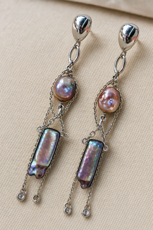 Close-up of High Luster Freshwater Pearl dangle earrings showing pearl luster, nacre and craftsmanship detail