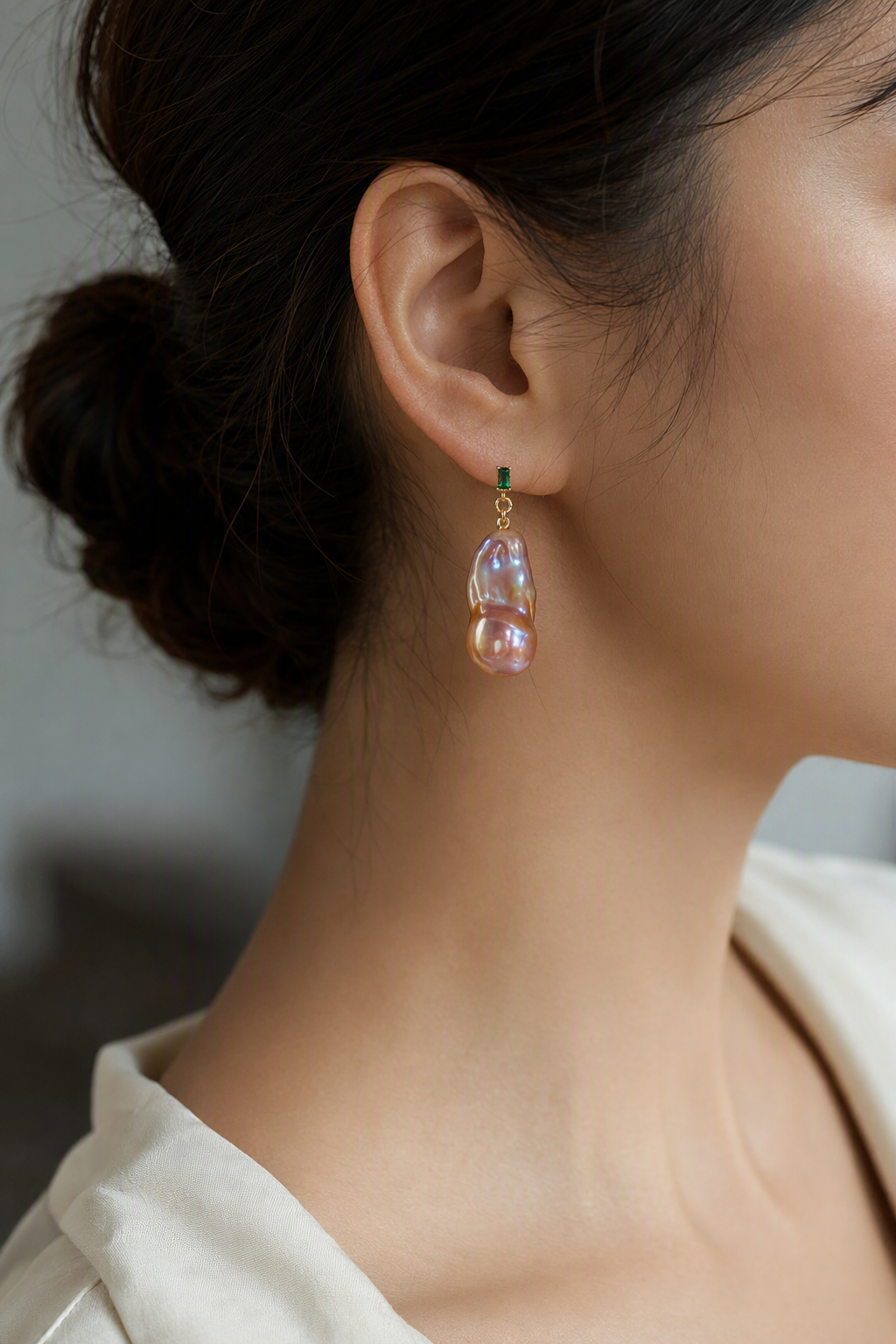 High Luster Freshwater Pearl drop earrings at realistic wearing scale