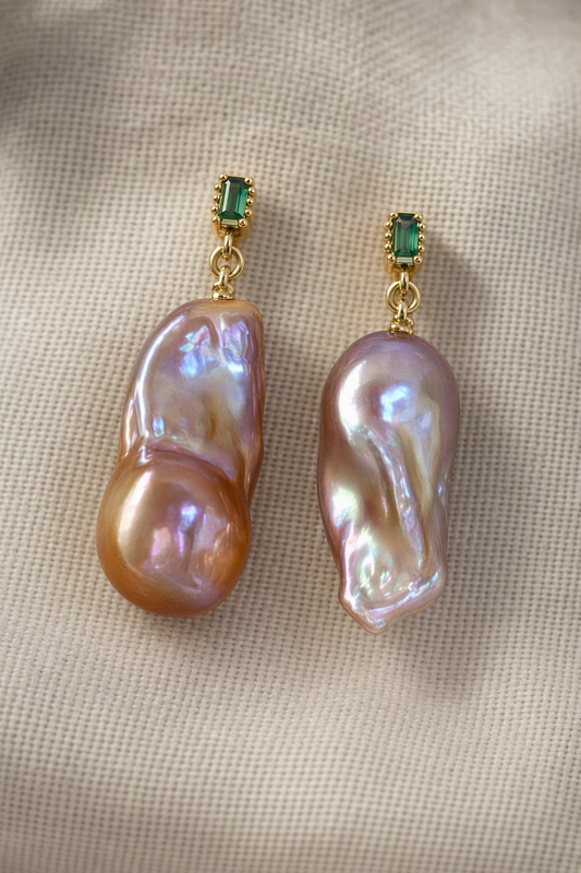 Close-up of High Luster Freshwater Pearl drop earrings showing pearl luster, nacre and craftsmanship detail