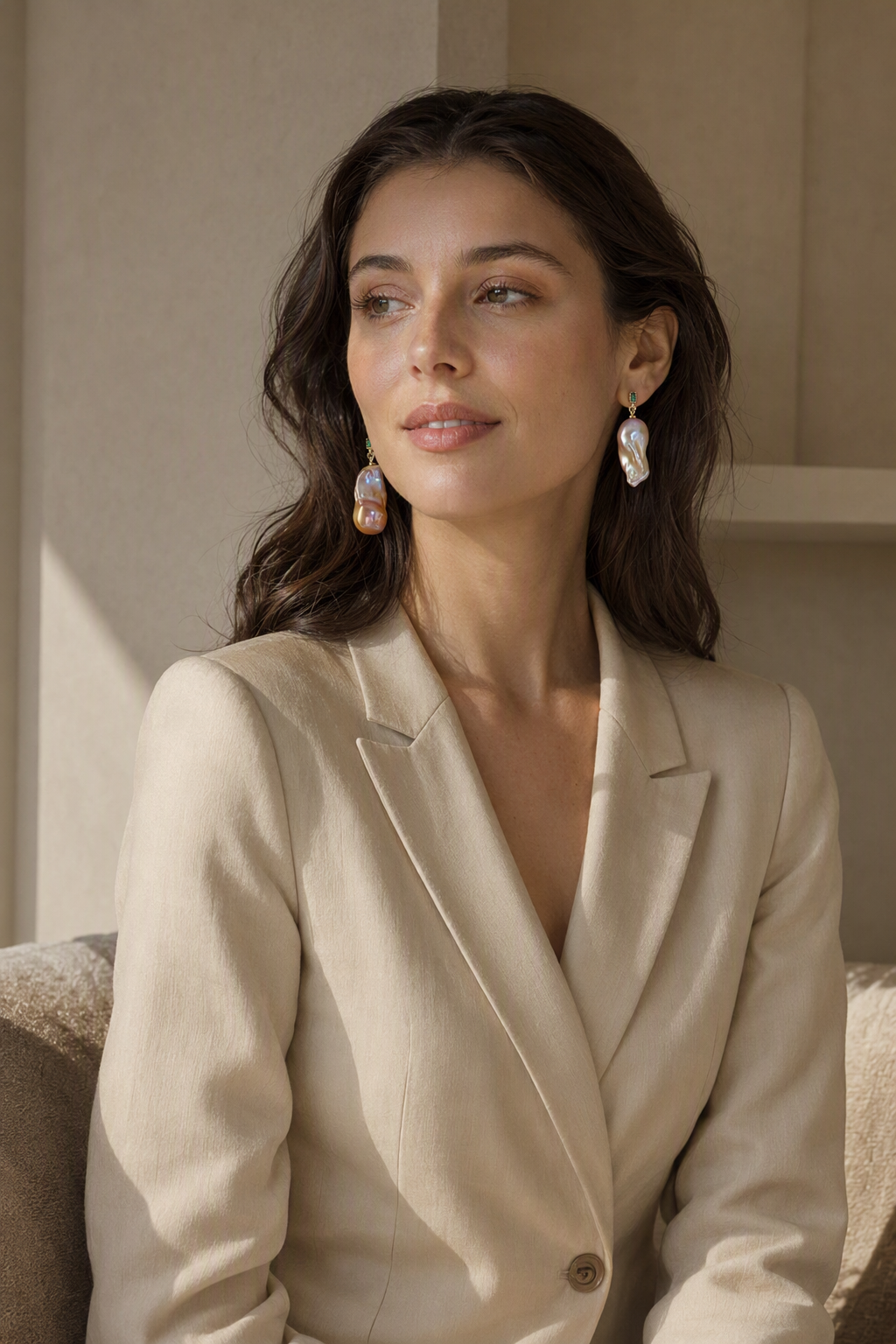 High Luster Freshwater Pearl drop earrings in a complete luxury outfit styling context