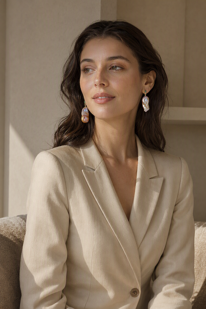 High Luster Freshwater Pearl drop earrings in a complete luxury outfit styling context