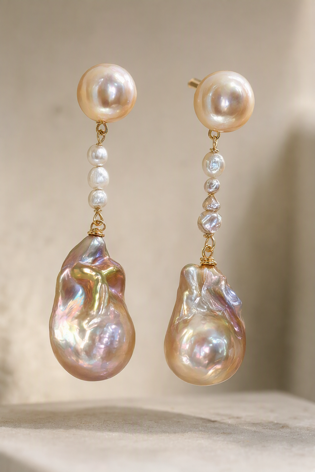 Close-up of High Luster Freshwater Pearl drop earrings showing pearl luster, nacre and craftsmanship detail