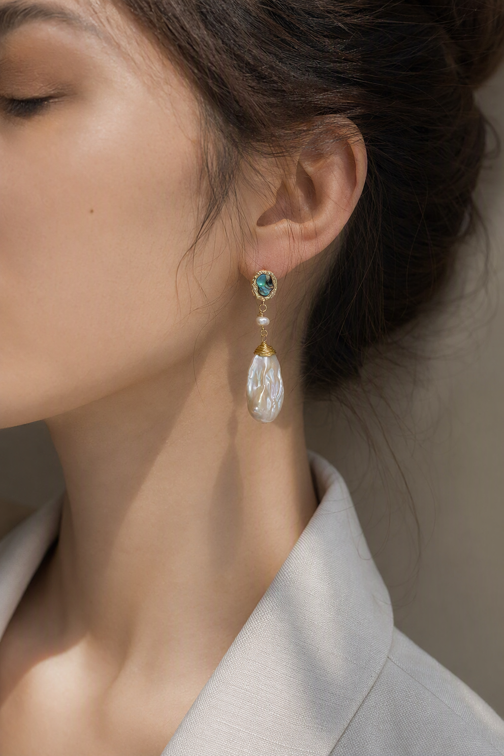 High Luster Freshwater Pearl dangle earrings at realistic wearing scale