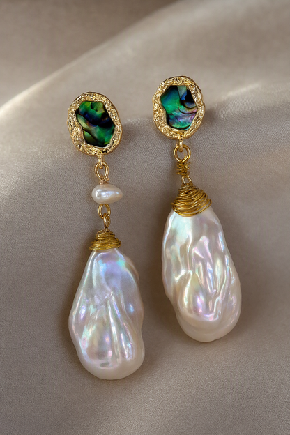 Close-up of High Luster Freshwater Pearl dangle earrings showing pearl luster, nacre and craftsmanship detail
