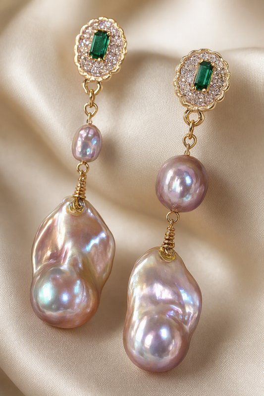 Close-up of High Luster Freshwater Pearl drop earrings showing pearl luster, nacre and craftsmanship detail