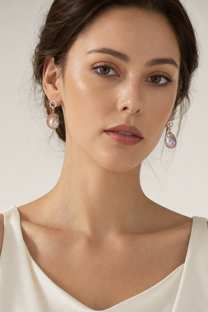 High Luster Freshwater Pearl drop earrings at realistic wearing scale