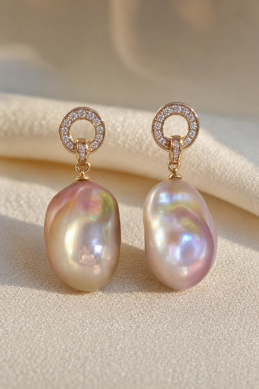 Close-up of High Luster Freshwater Pearl drop earrings showing pearl luster, nacre and craftsmanship detail