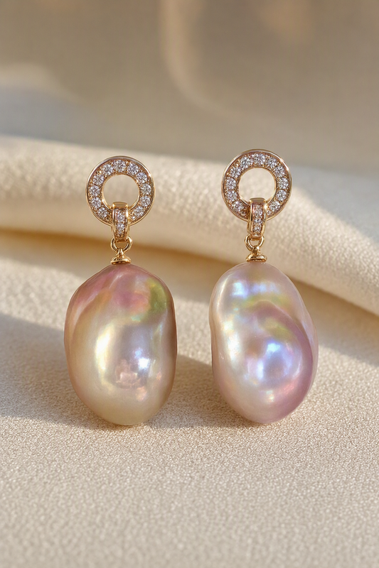 Close-up of High Luster Freshwater Pearl drop earrings showing pearl luster, nacre and craftsmanship detail