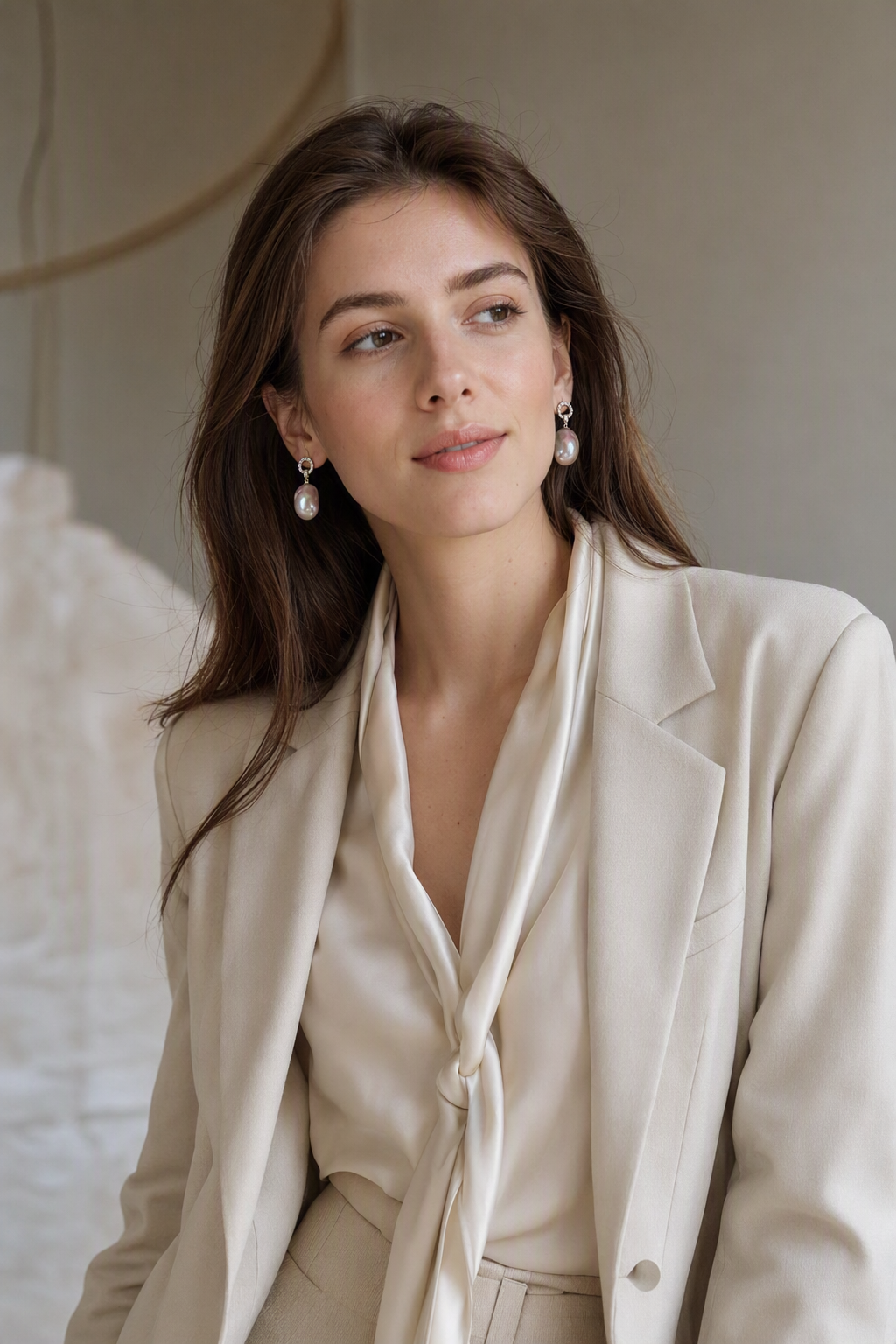 High Luster Freshwater Pearl drop earrings in a complete luxury outfit styling context