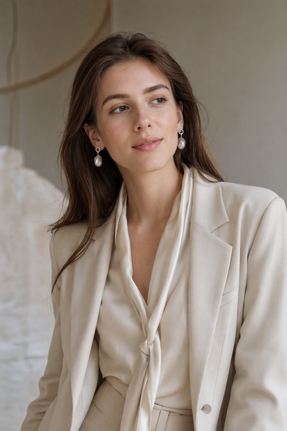 High Luster Freshwater Pearl drop earrings in a complete luxury outfit styling context