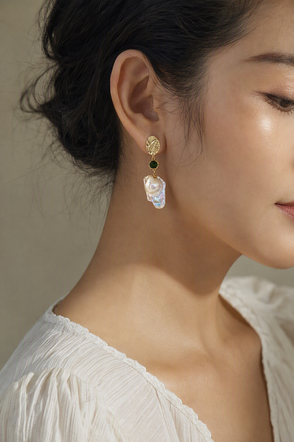 High Luster Freshwater Pearl drop earrings at realistic wearing scale
