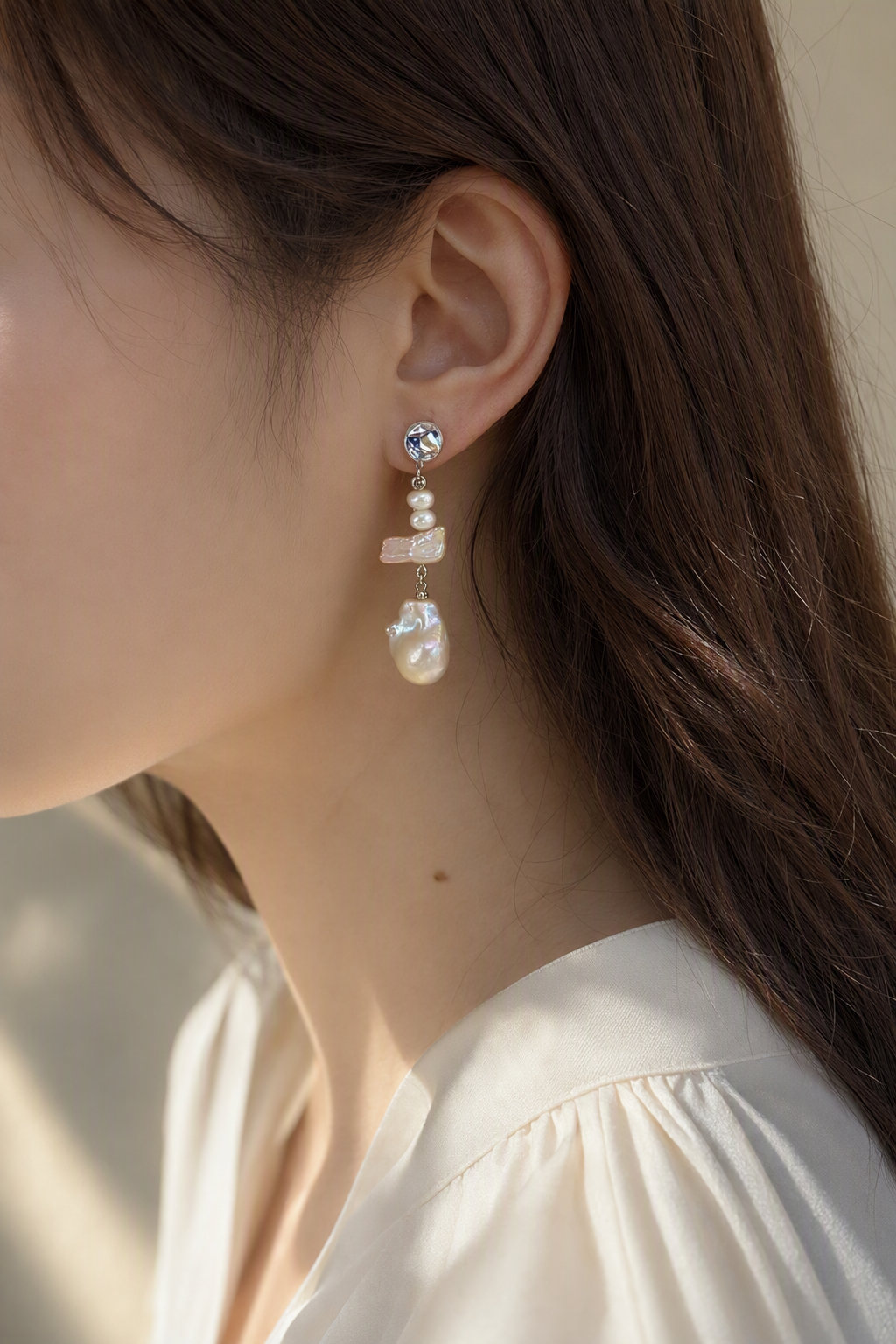 High Luster Freshwater Pearl dangle earrings at realistic wearing scale