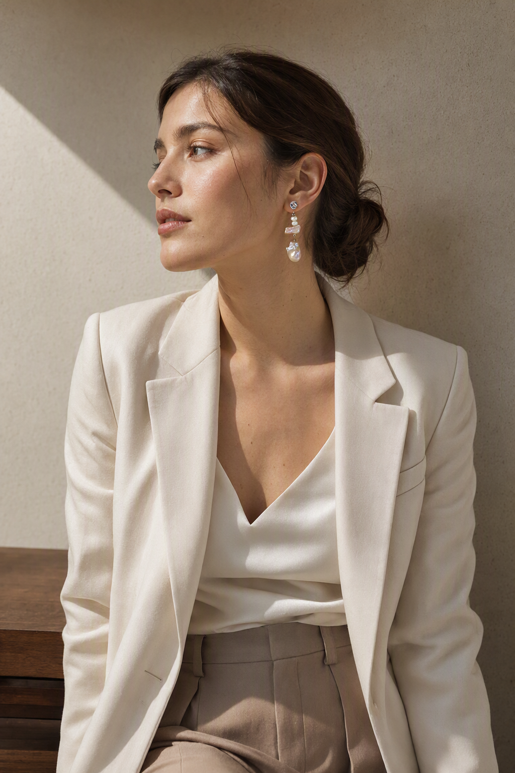 High Luster Freshwater Pearl dangle earrings in a complete luxury outfit styling context