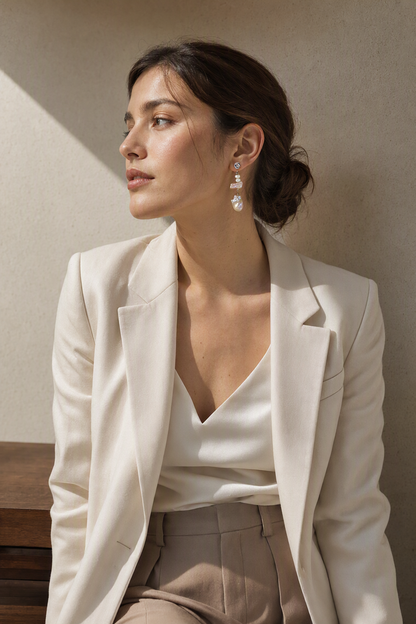 High Luster Freshwater Pearl dangle earrings in a complete luxury outfit styling context