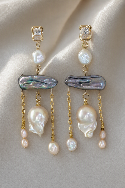 Close-up of High Luster Freshwater Pearl dangle earrings showing pearl luster, nacre and craftsmanship detail