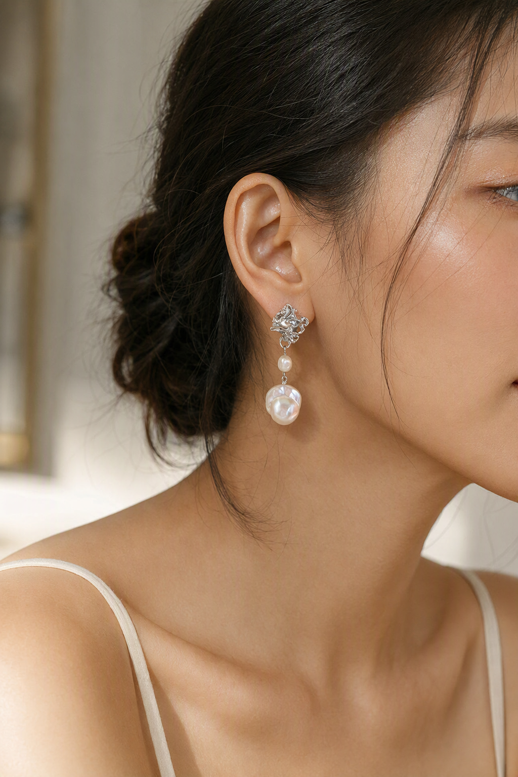 High Luster Freshwater Pearl drop earrings at realistic wearing scale