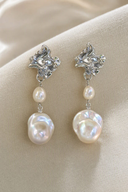 Close-up of High Luster Freshwater Pearl drop earrings showing pearl luster, nacre and craftsmanship detail