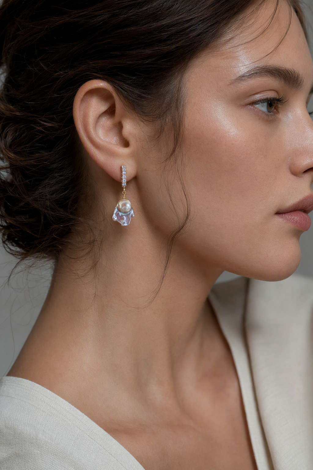 High Luster Freshwater Pearl drop earrings at realistic wearing scale