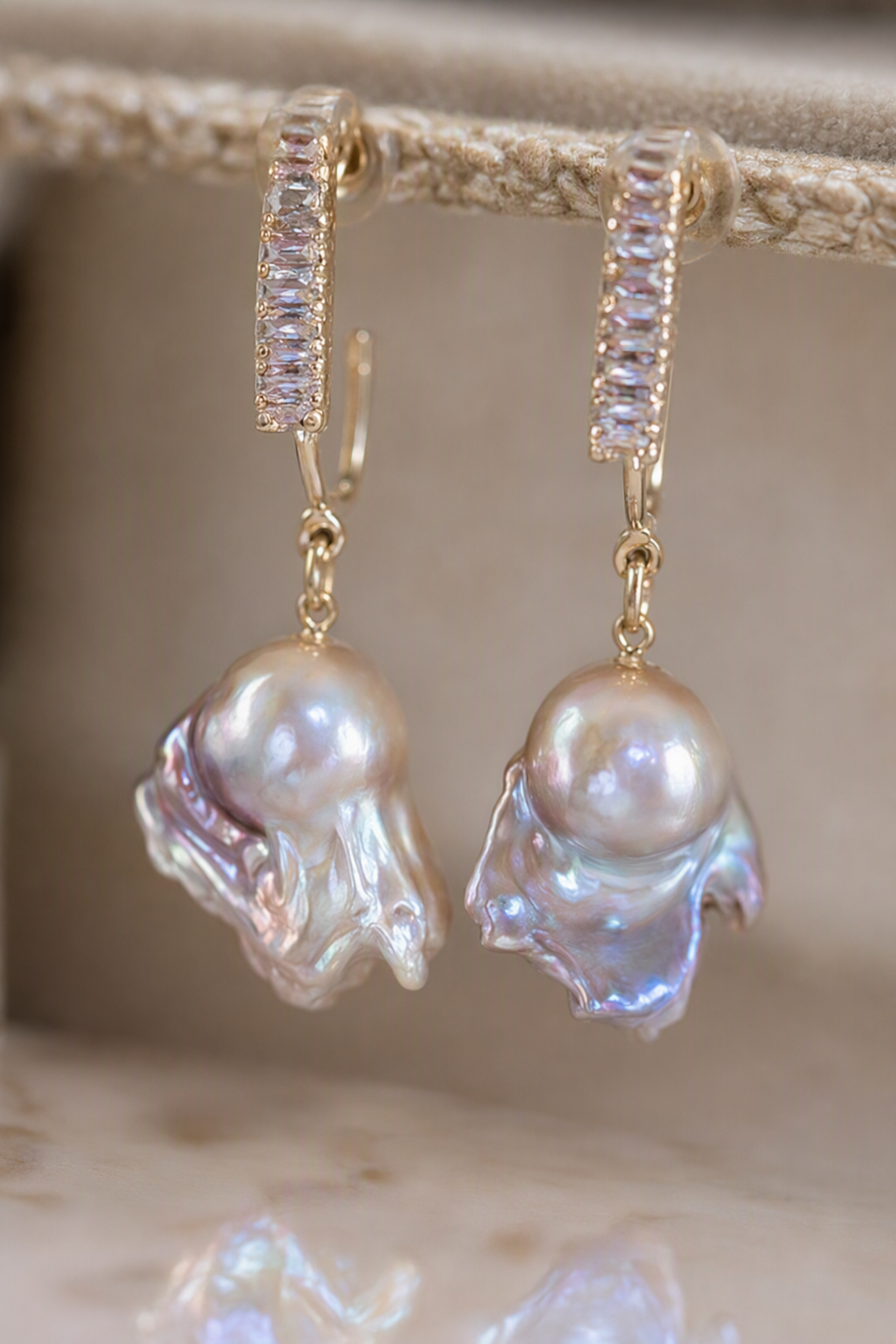 Close-up of High Luster Freshwater Pearl drop earrings showing pearl luster, nacre and craftsmanship detail