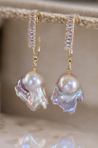 Close-up of High Luster Freshwater Pearl drop earrings showing pearl luster, nacre and craftsmanship detail