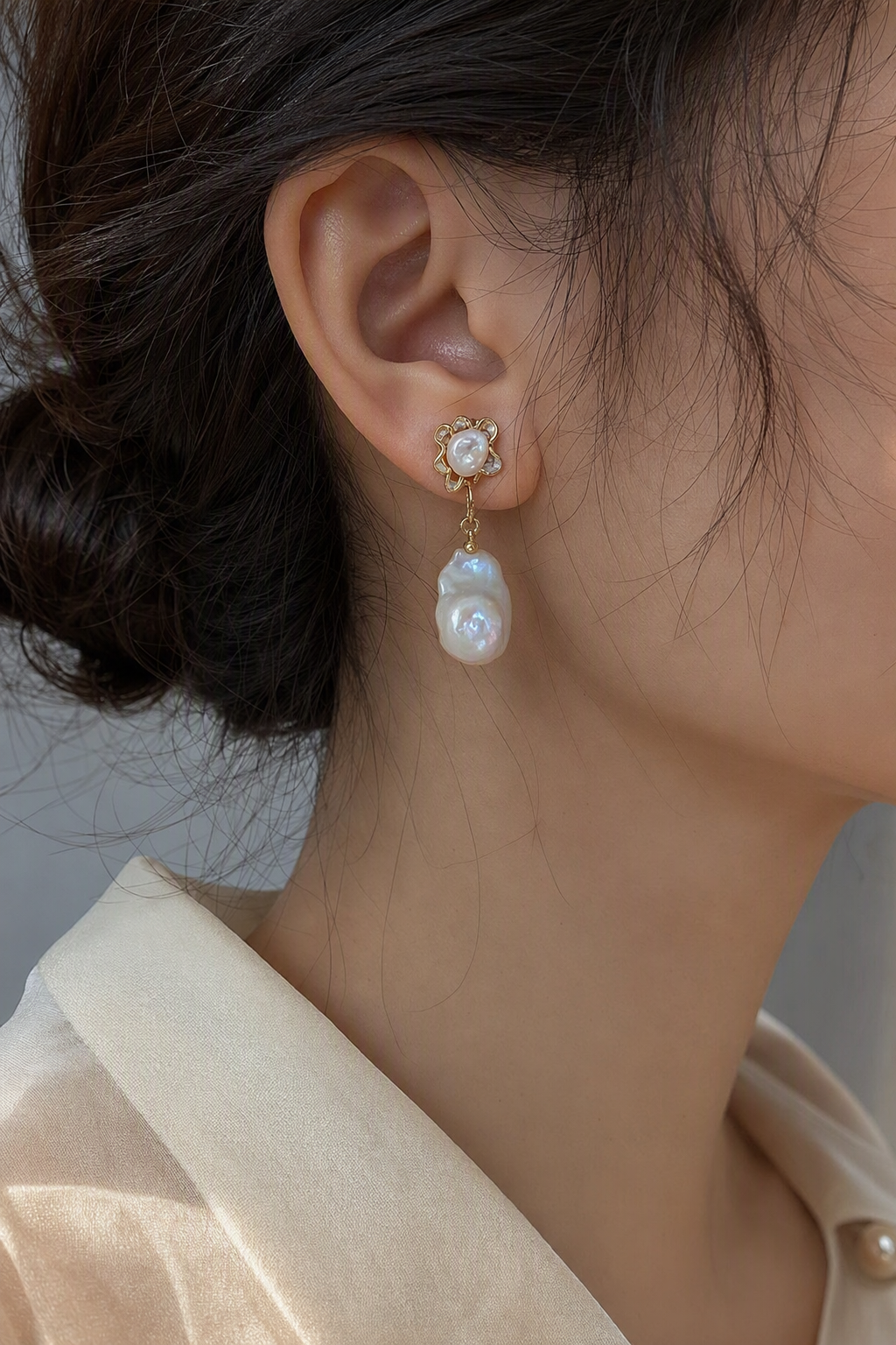 High Luster Freshwater Pearl drop earrings at realistic wearing scale