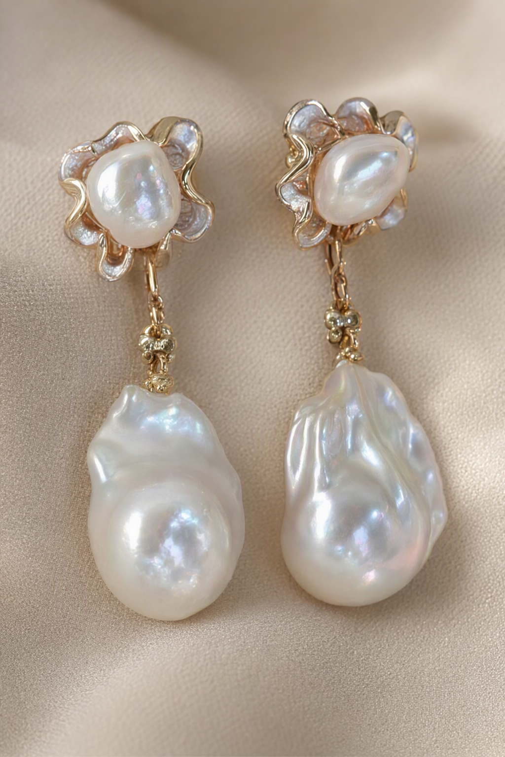 Close-up of High Luster Freshwater Pearl drop earrings showing pearl luster, nacre and craftsmanship detail