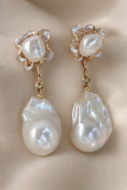 Close-up of High Luster Freshwater Pearl drop earrings showing pearl luster, nacre and craftsmanship detail