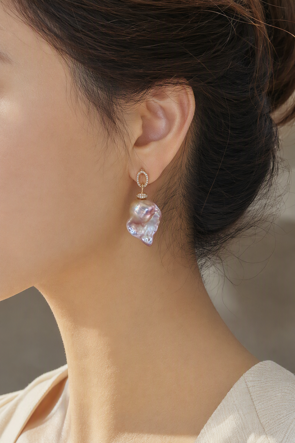 High Luster Freshwater Pearl drop earrings at realistic wearing scale
