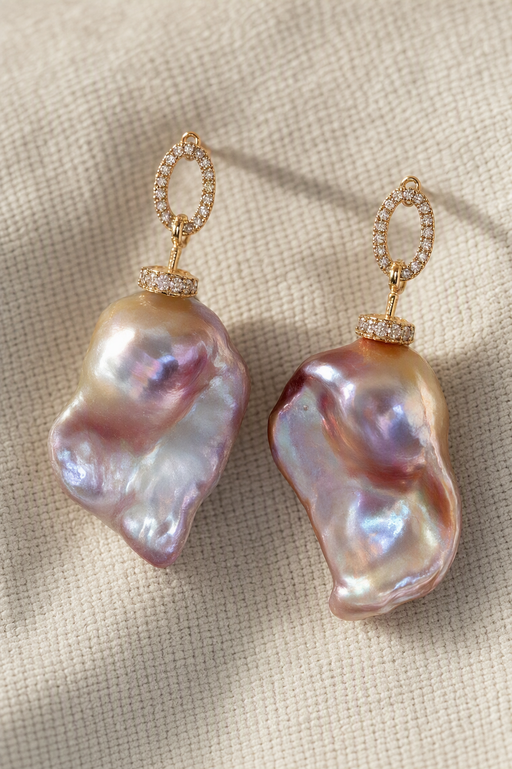 Close-up of High Luster Freshwater Pearl drop earrings showing pearl luster, nacre and craftsmanship detail