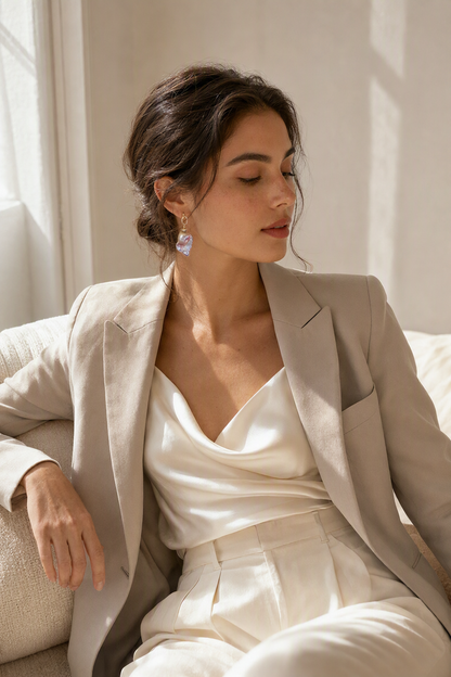 High Luster Freshwater Pearl drop earrings in a complete luxury outfit styling context