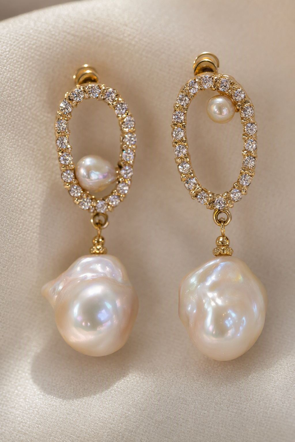 Close-up of High Luster Freshwater Pearl drop earrings showing pearl luster, nacre and craftsmanship detail